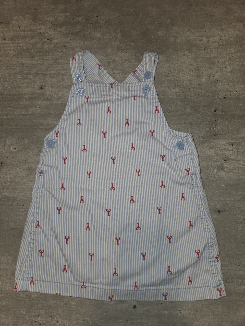 Light Blue & White Striped Pinafore Dress with Red Crab Motif